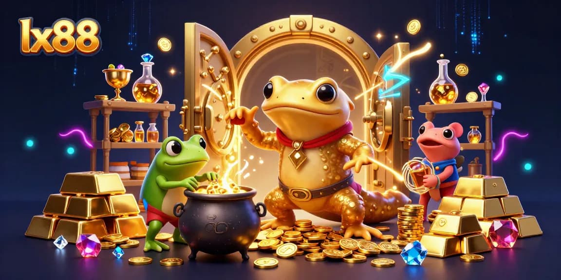 Lx88 engages players with a 3D scene featuring fantasy alchemists turning metals into gold coins in a vibrant casino.