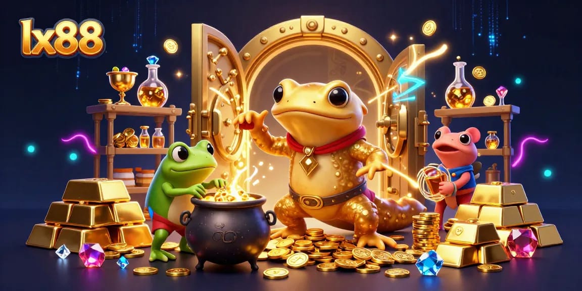 Lx88 engages players with a 3D scene featuring fantasy alchemists turning metals into gold coins in a vibrant casino.