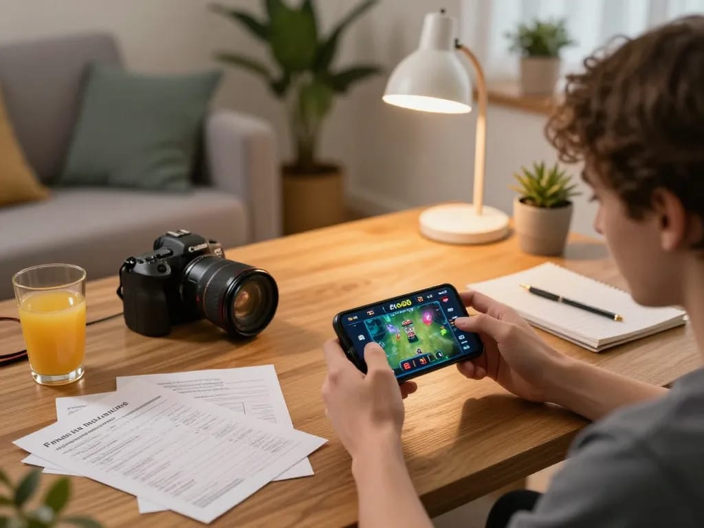 Engaging in Go88 online gaming strategy from a cozy living room setup featuring a smartphone and notes.