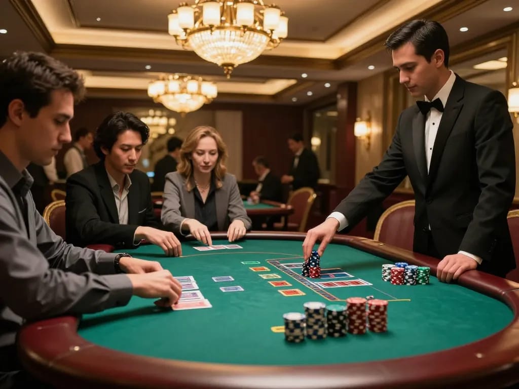 Players engaging in strategic blackjack gameplay at SC88 casino, chips and cards in action, sophisticated casino atmosphere.