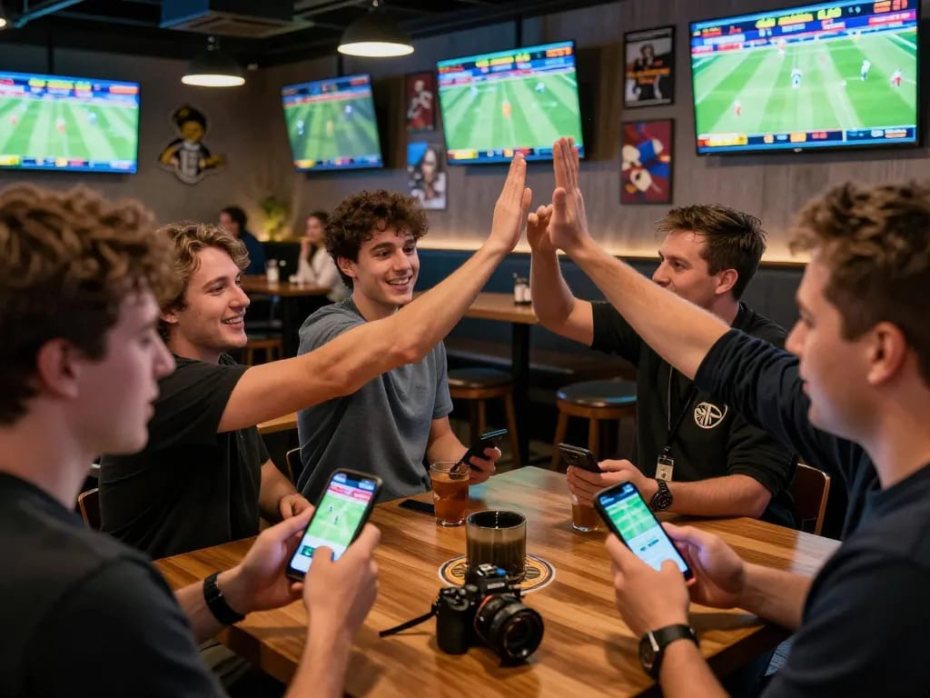 Excited punters celebrating wins while using the vwin win betting app in a vibrant sports bar atmosphere.