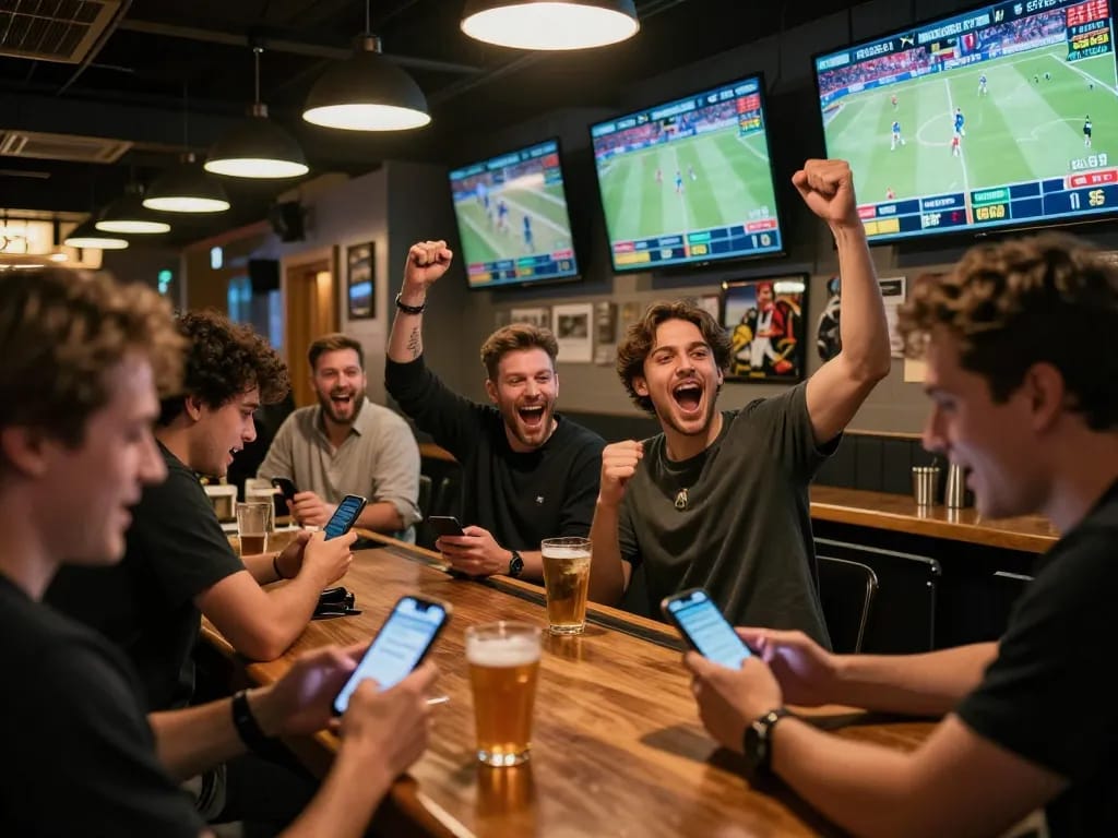 People engaging in sports betting while tracking kèo nhà cái on mobile apps in a lively sports bar