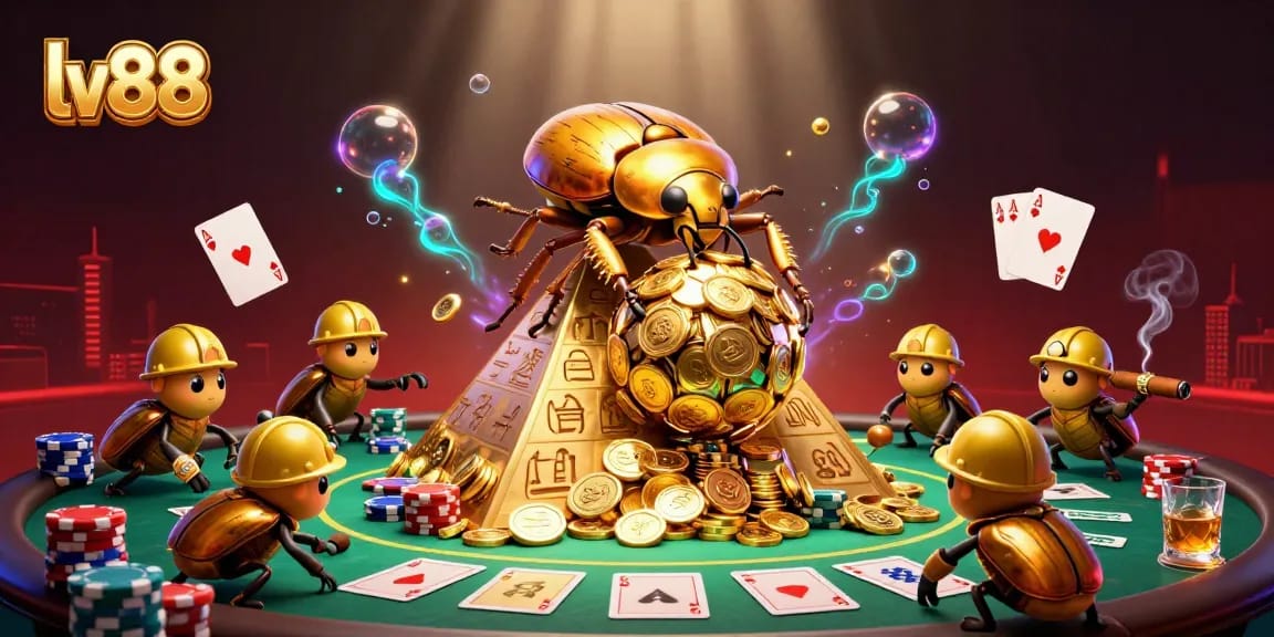 Join the fun at lv88, where dynamic golden beetles roll coins in an exciting casino scene.