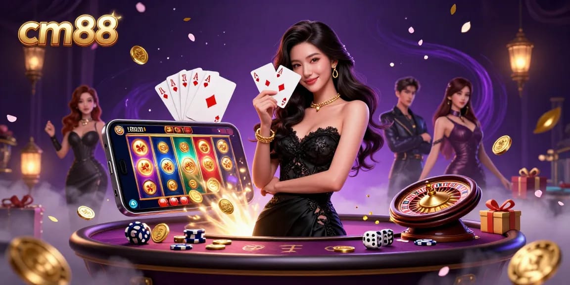 Experience the excitement at cm88 with a stylish Asian dealer showcasing ace cards in a luxury casino setting.