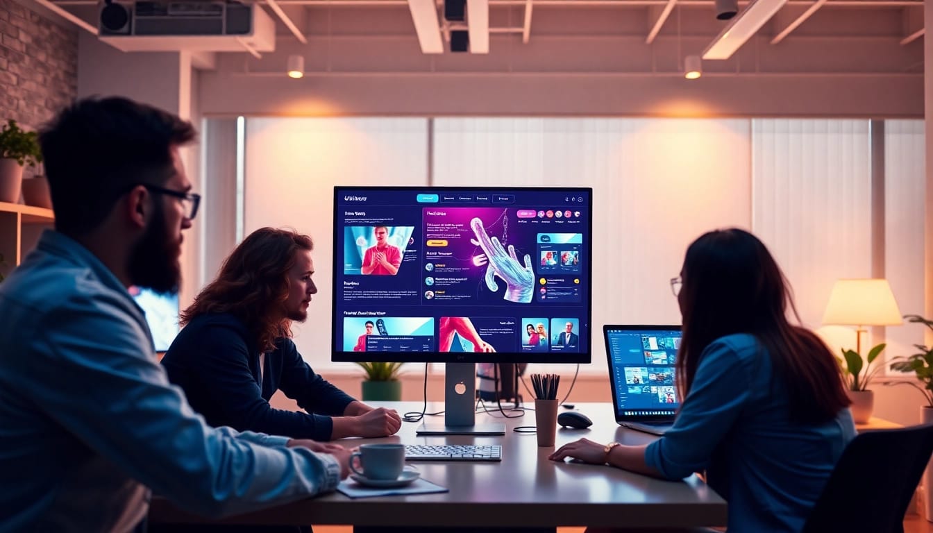 A webdesign agency team brainstorming innovative digital solutions around a sleek workspace.