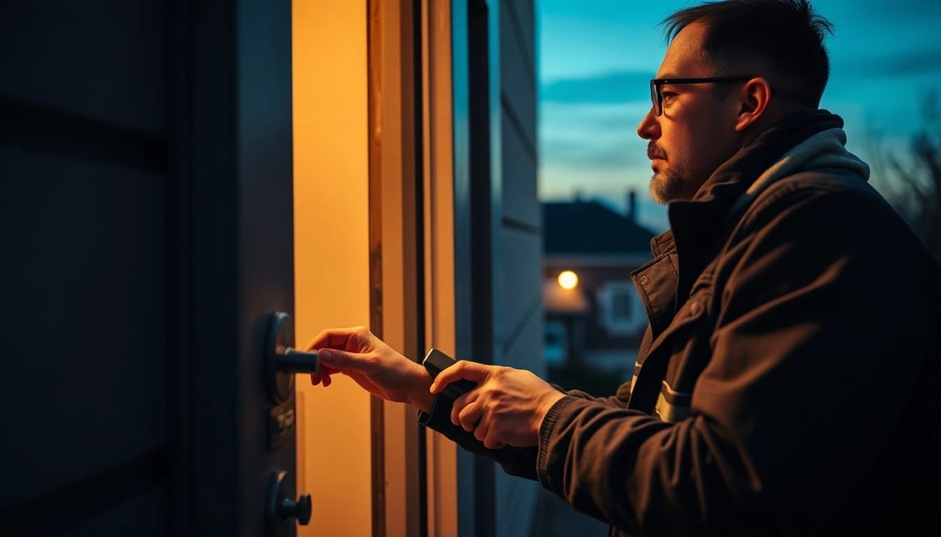 Schlüsseldienst Technikeren öffnet schnell und sicher eine Tür im Einsatz.