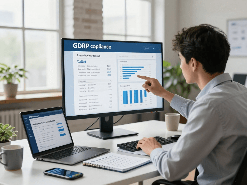 Wissen / Blog-Hub visualized through a professional workspace focused on GDPR compliance metrics and lead tracking.