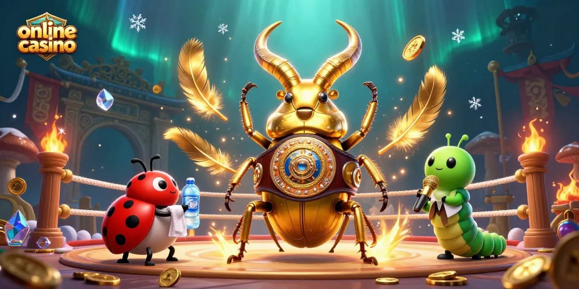 Experience an online casino adventure with a boxing stag beetle and dynamic gambling elements.