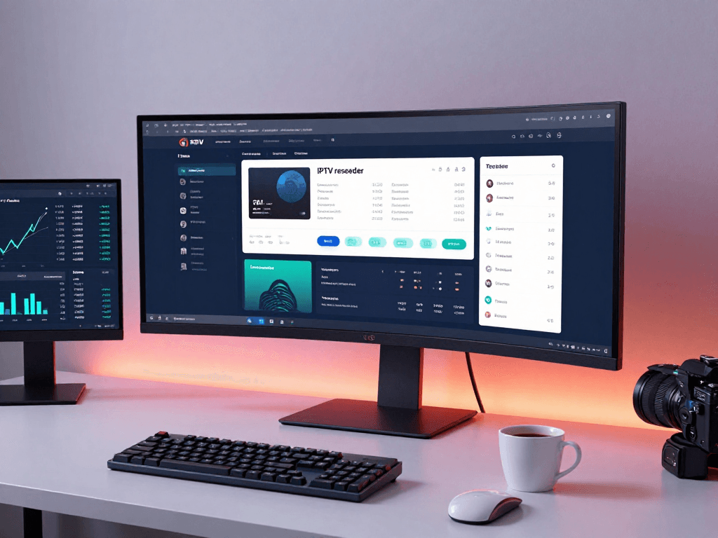 IPTV reseller panel displayed in a modern tech workspace with subscription data analytics.