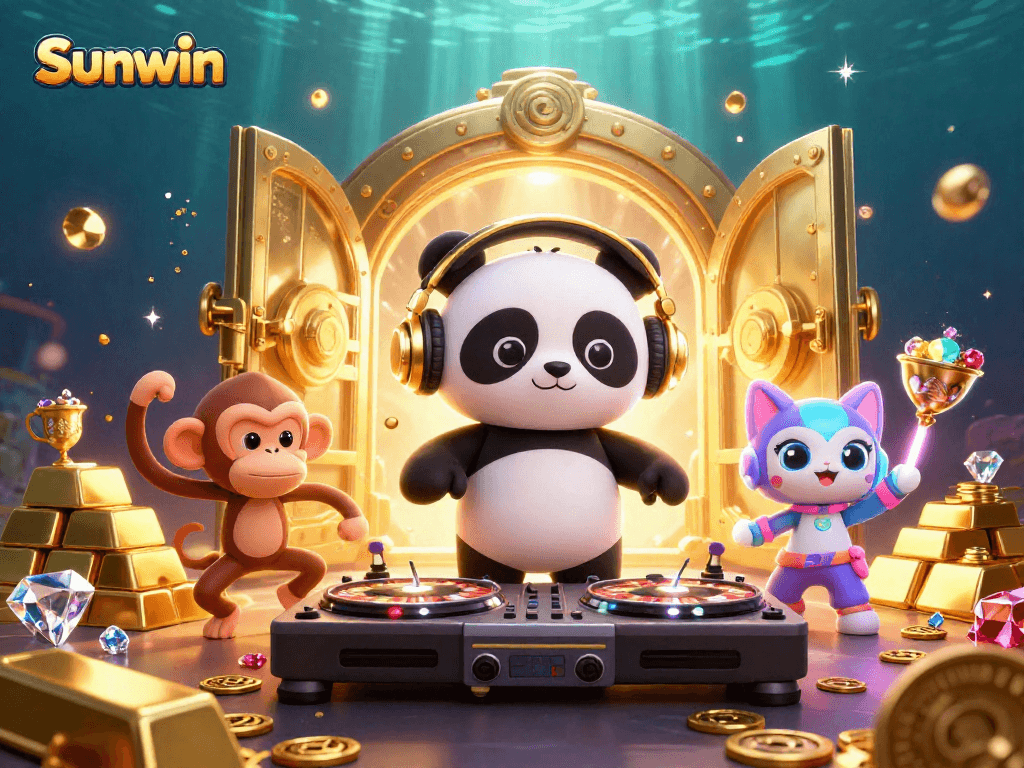 Sunwin showcases a vibrant gaming scene with animated characters enjoying classic casino games and treasures.
