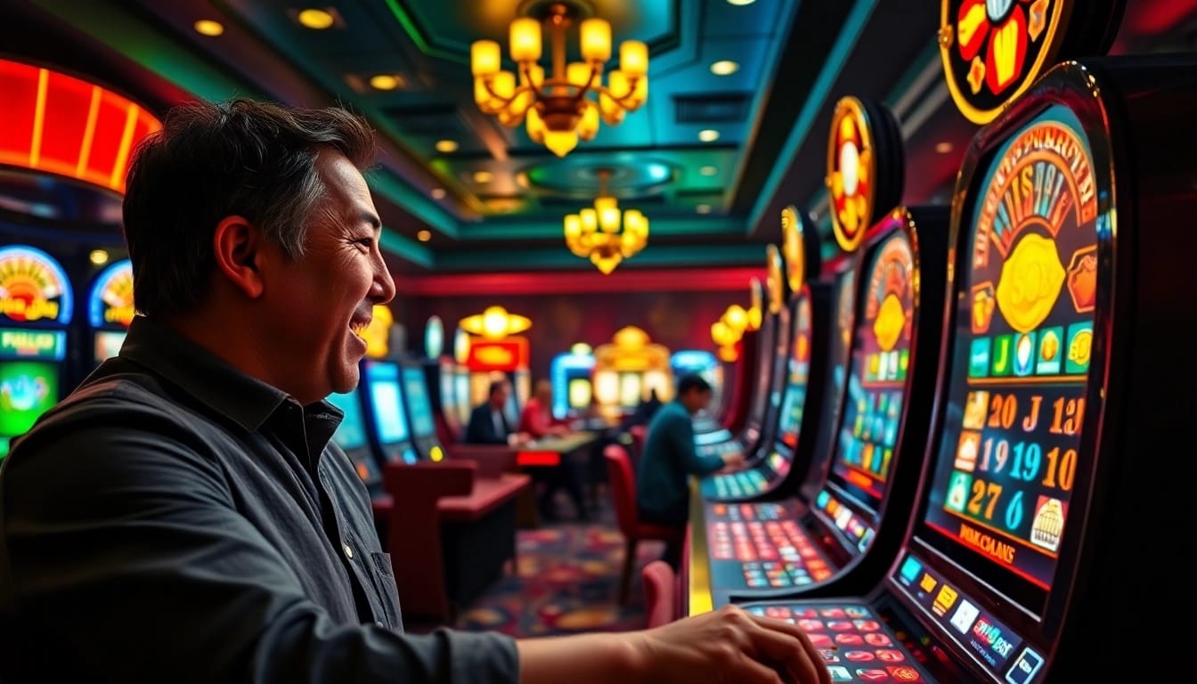 A nyeremények izgatott felfedezése online casino környezetben színes gépekkel és asztalokkal.