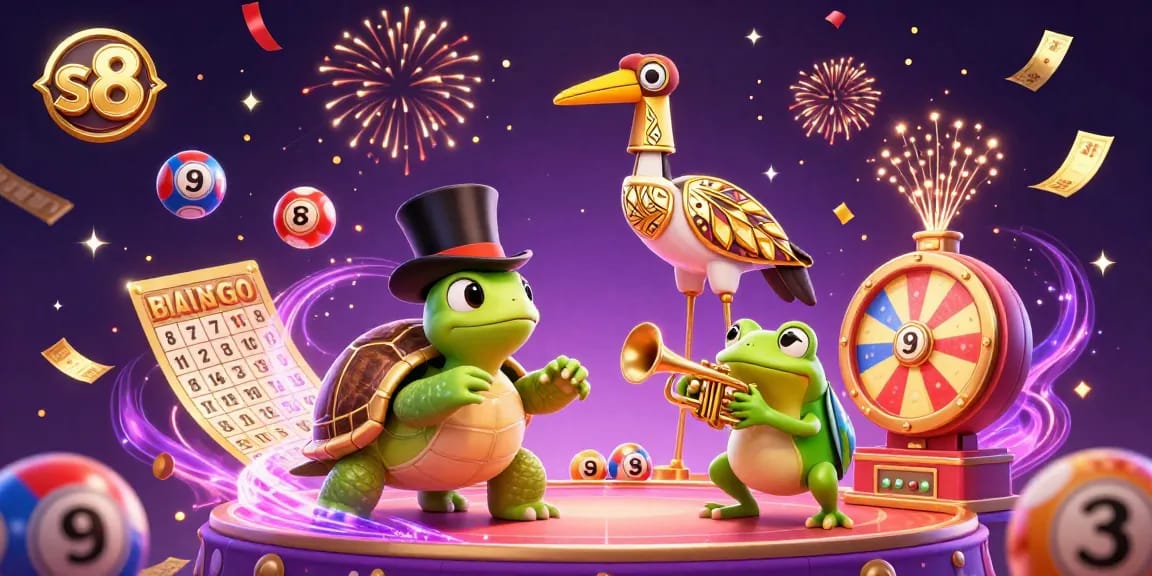 S8 engages players with vibrant game scenes featuring dynamic lottery balls and colorful casino elements.