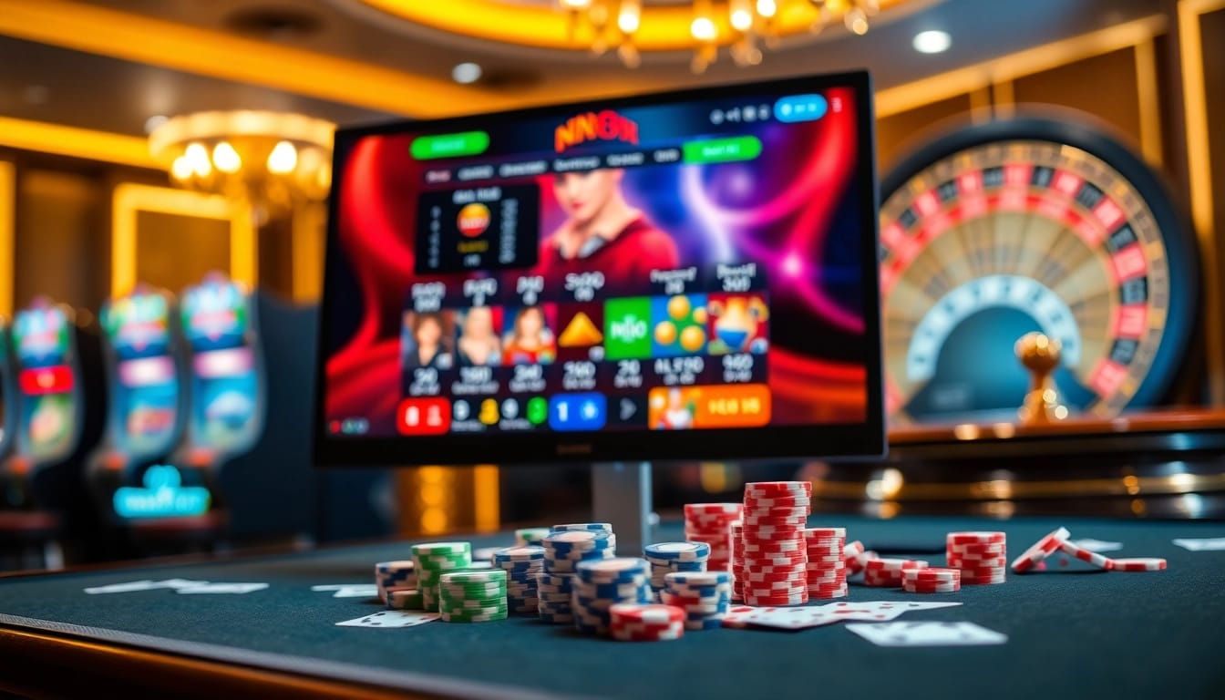 Experience excitement on the trang chủ nn88 platform with vibrant slot machines and poker chips.