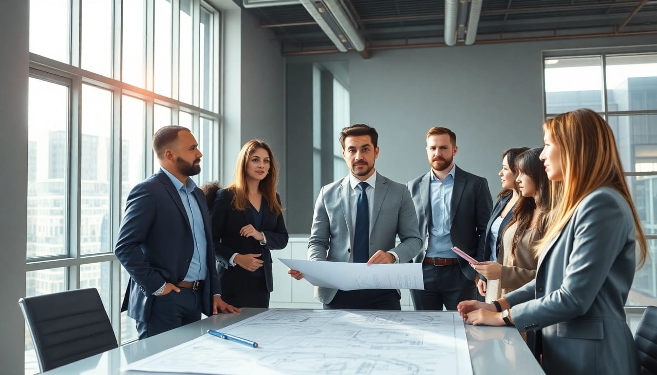 Headhunter Ingenieure im Gespräch mit Ingenieuren in modernem Büro.