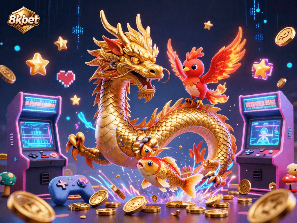 Experience thrilling gaming action at 8xbet with an energetic scene featuring a dragon, phoenix, and koi fish amidst vibrant arcade elements.