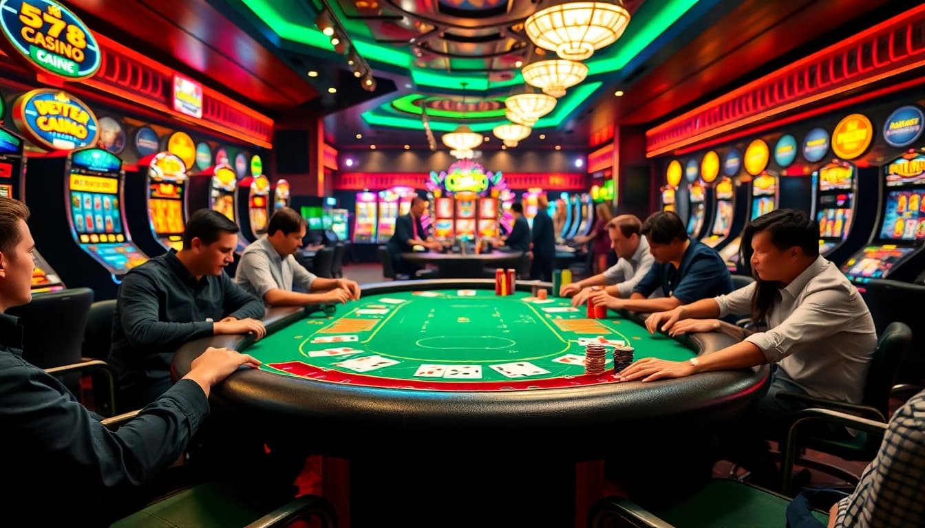 WestAce spannende Casino-Atmosphäre mit Pokertisch und Spielern umgeben.