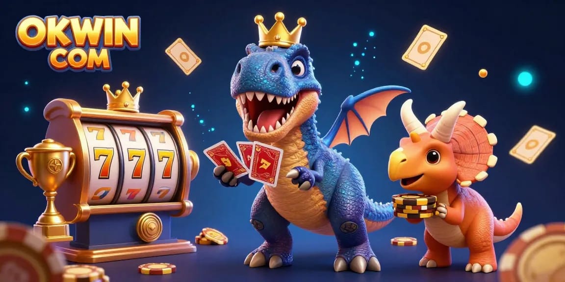Engage in thrilling slots at OKWIN COM with a lively illustration of casino characters and games.