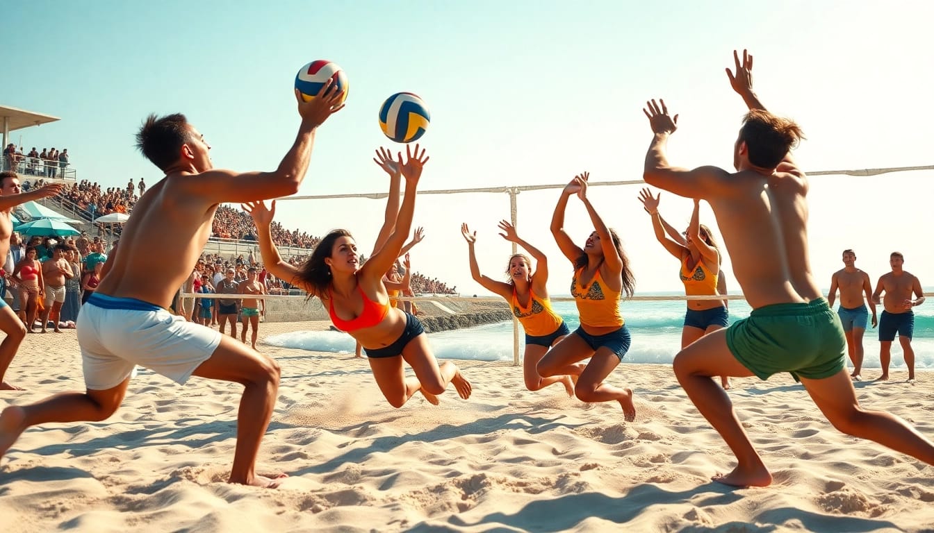 Spannendes Beachvolleyball-Match bei https://thebeachvolleyballcamps.com/ mit strahlendem Sonnenschein und begeisterten Zuschauern.