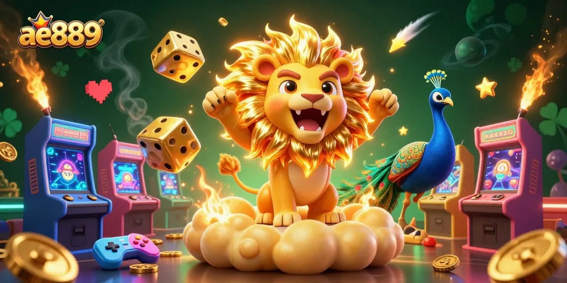 Experience the excitement with ae889 featuring a cartoon lion, golden dice, and vibrant gaming elements.