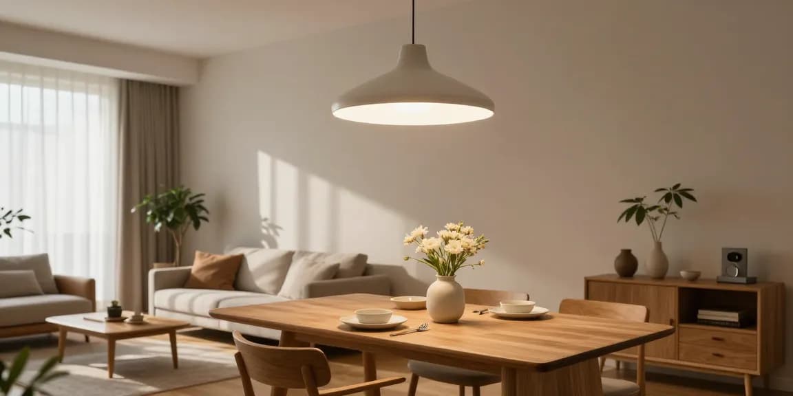 Elegante Japandi Deckenlampen, die einen minimalistischen Essbereich mit natürlichen Elementen beleuchten.