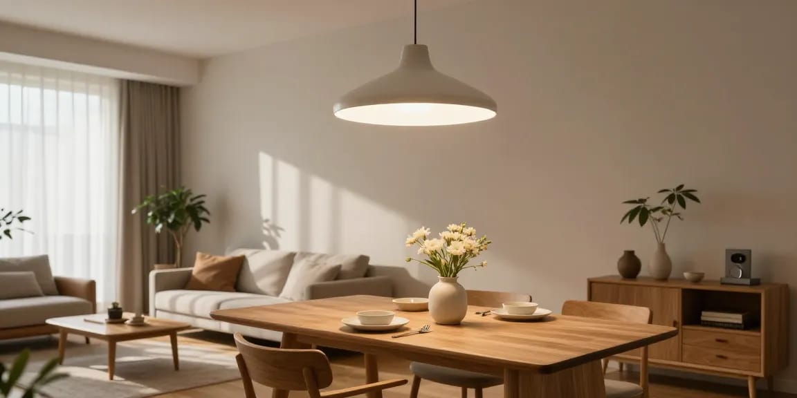 Elegante Japandi Deckenlampen, die einen minimalistischen Essbereich mit natürlichen Elementen beleuchten.
