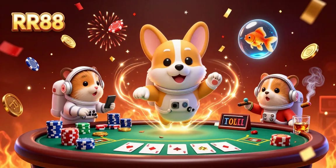 Experience the thrilling RR88 casino action with a dynamic scene featuring floating corgis, poker chips, and prizes.