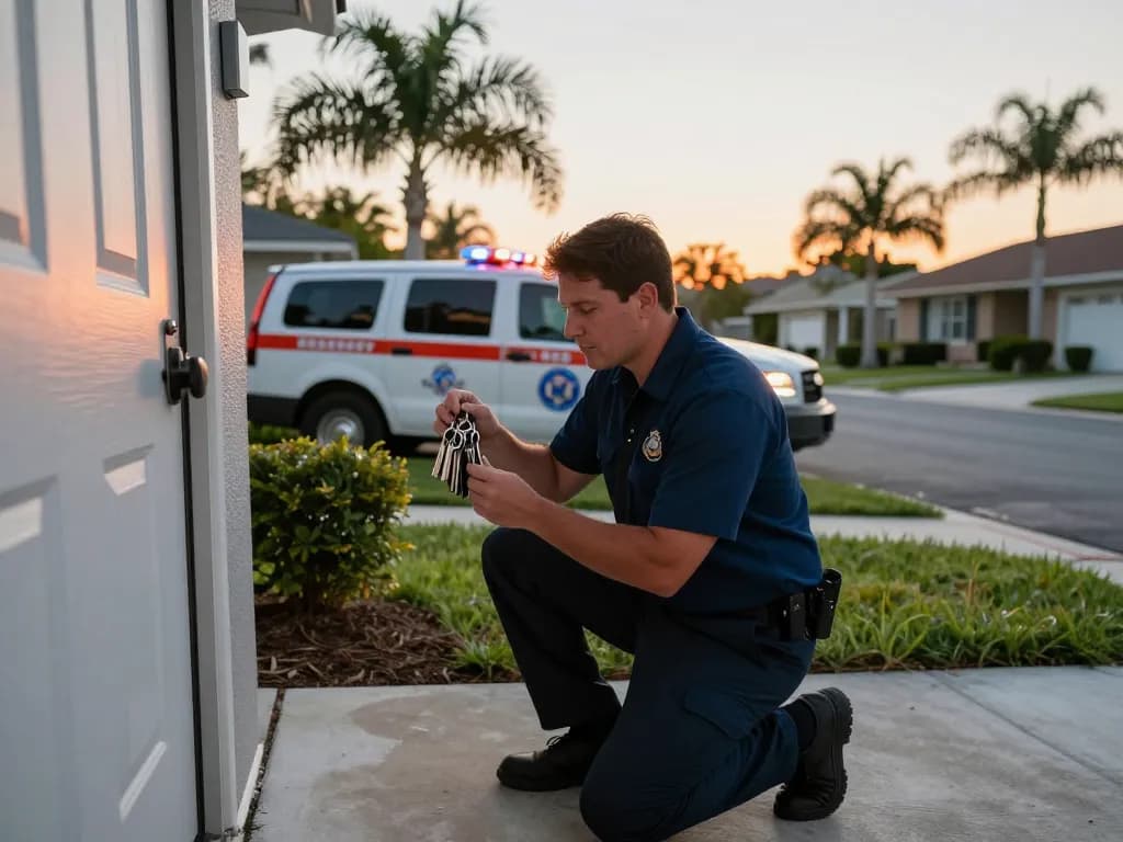 Emergency locksmith in Port St. Lucie quickly responding to a home lockout situation with tools.