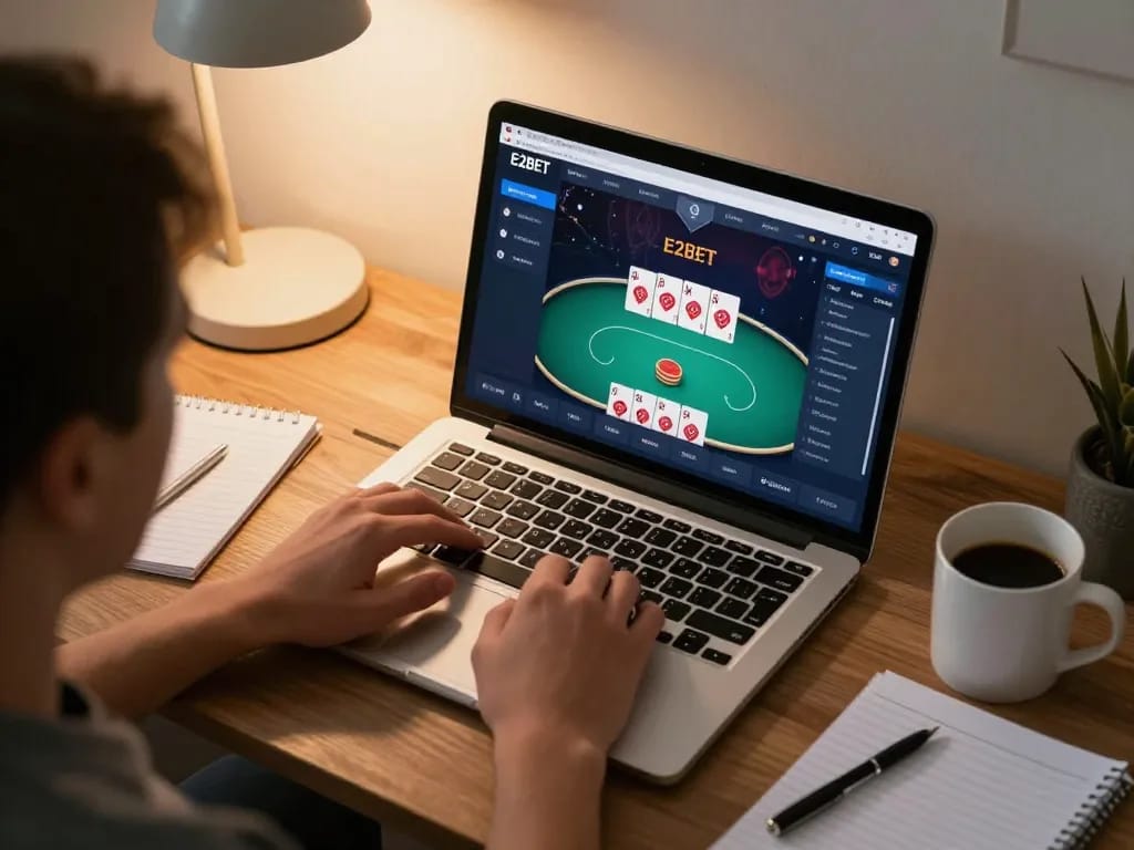 E2BET chính chủ online gaming setup showing player strategy notes and poker interface