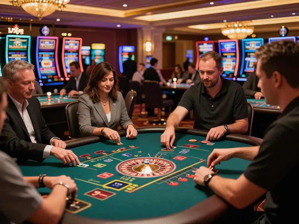 Experience high-stakes action at LV88's bustling casino gaming floor with players immersed in excitement.