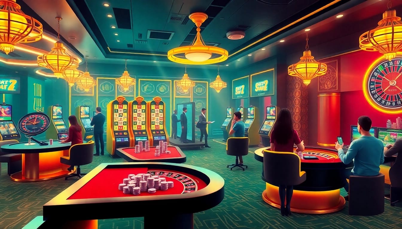 Experience the excitement of Nhà cái SV388 with an immersive online gambling casino environment filled with vibrant gaming elements.