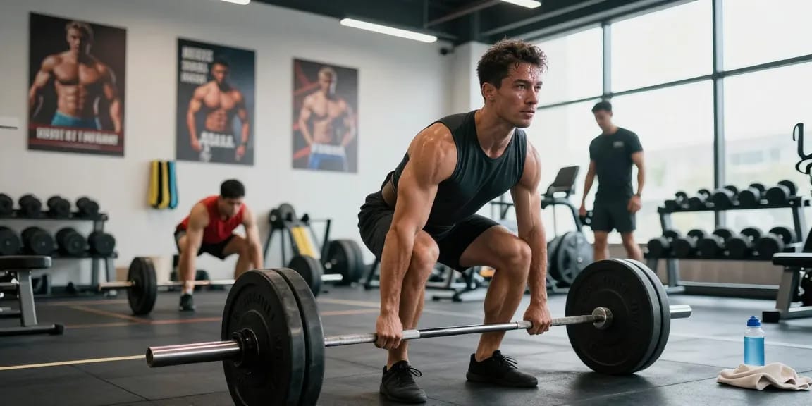 Kraftsportler im Anabolika Shop Deutschland beim Kreuzheben, konzentrierte Atmosphäre im modernen Fitnessstudio.