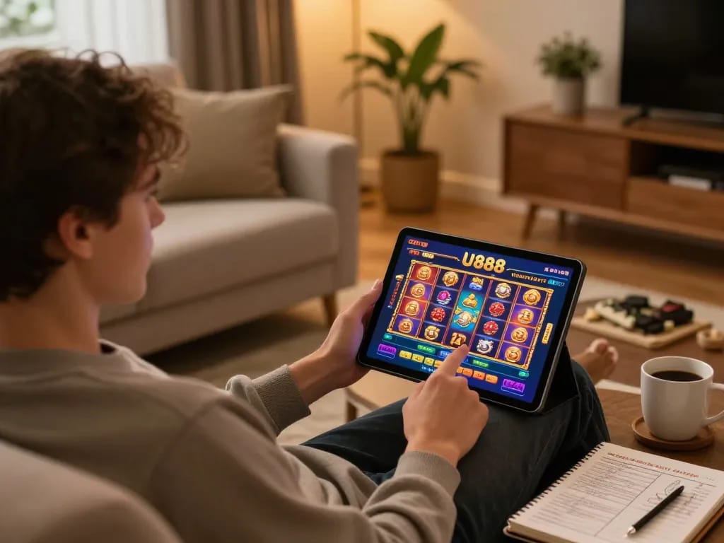 Player enjoying U888 online slots on a tablet in a cozy living room with warm lighting