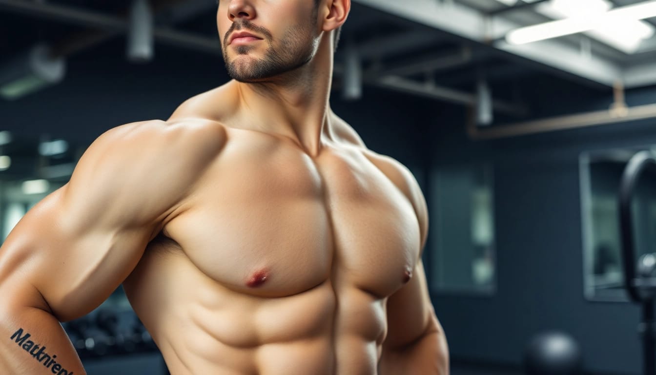 Professioneller Bodybuilder mit Unique Pharma Steroids im Fitnessstudio.