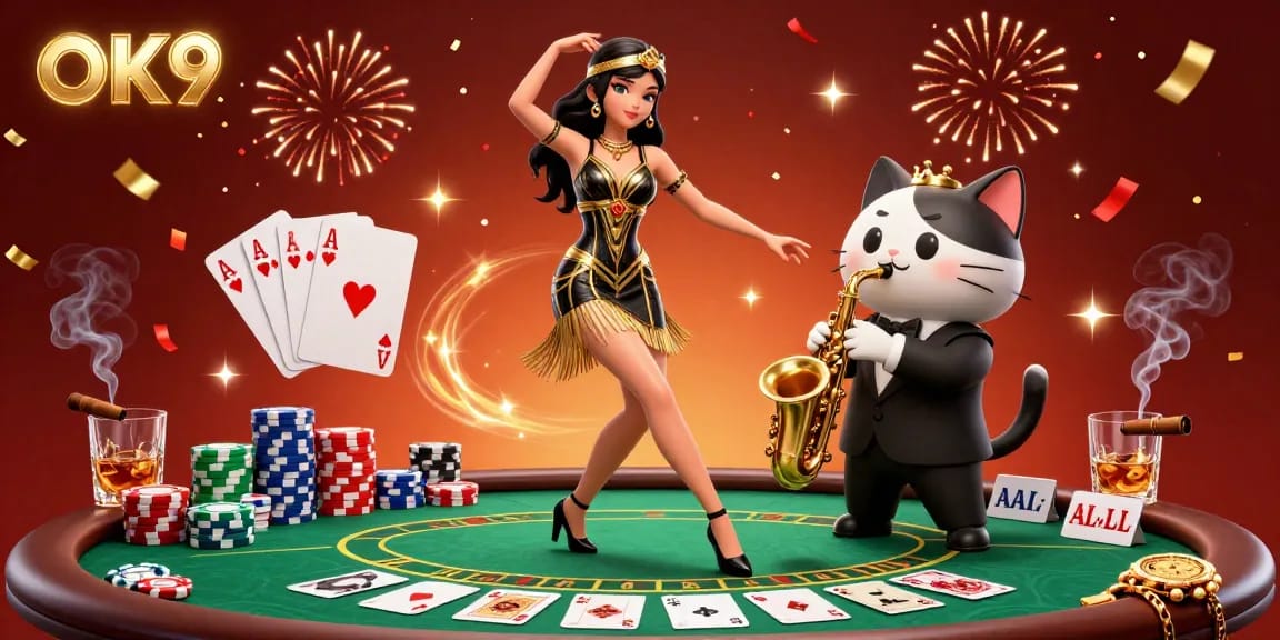 Engage with OK9's vibrant casino experience, featuring a flapper dancer and saxophone cat amidst poker elements.