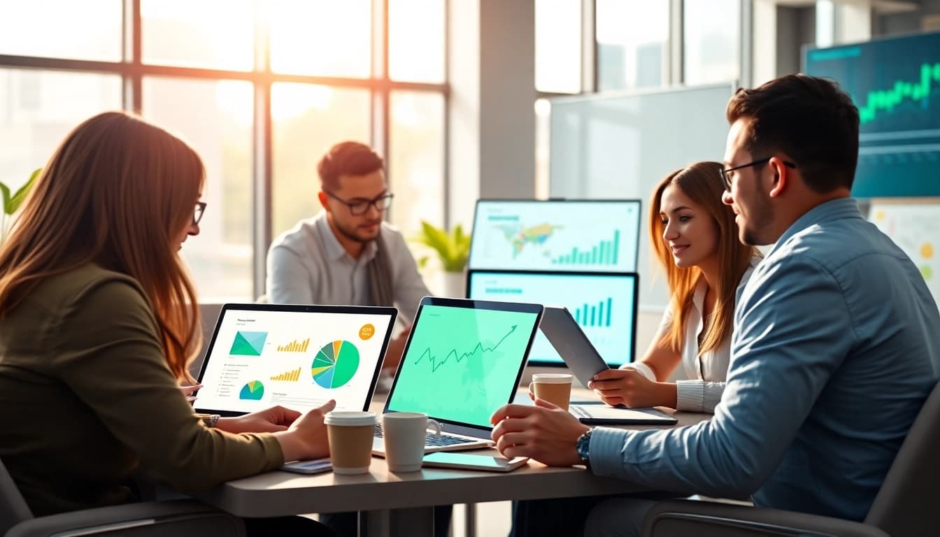 Auduro zeigt ein engagiertes Team bei der digitalen Marketingarbeit in einem modernen Büro.