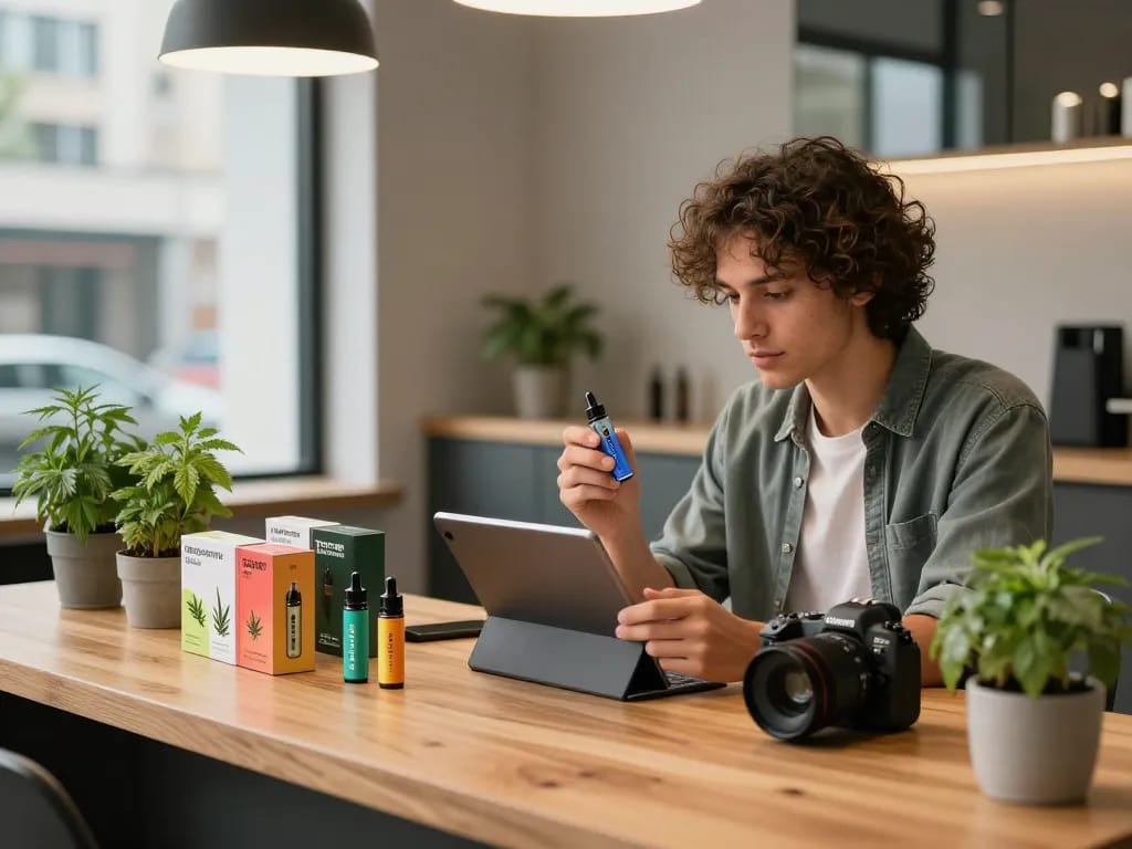 Marijuana discount sales UAE scene with a person browsing THC vapes, showcasing a modern e-commerce cannabis setting.