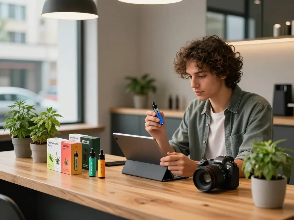 Marijuana discount sales UAE scene with a person browsing THC vapes, showcasing a modern e-commerce cannabis setting.