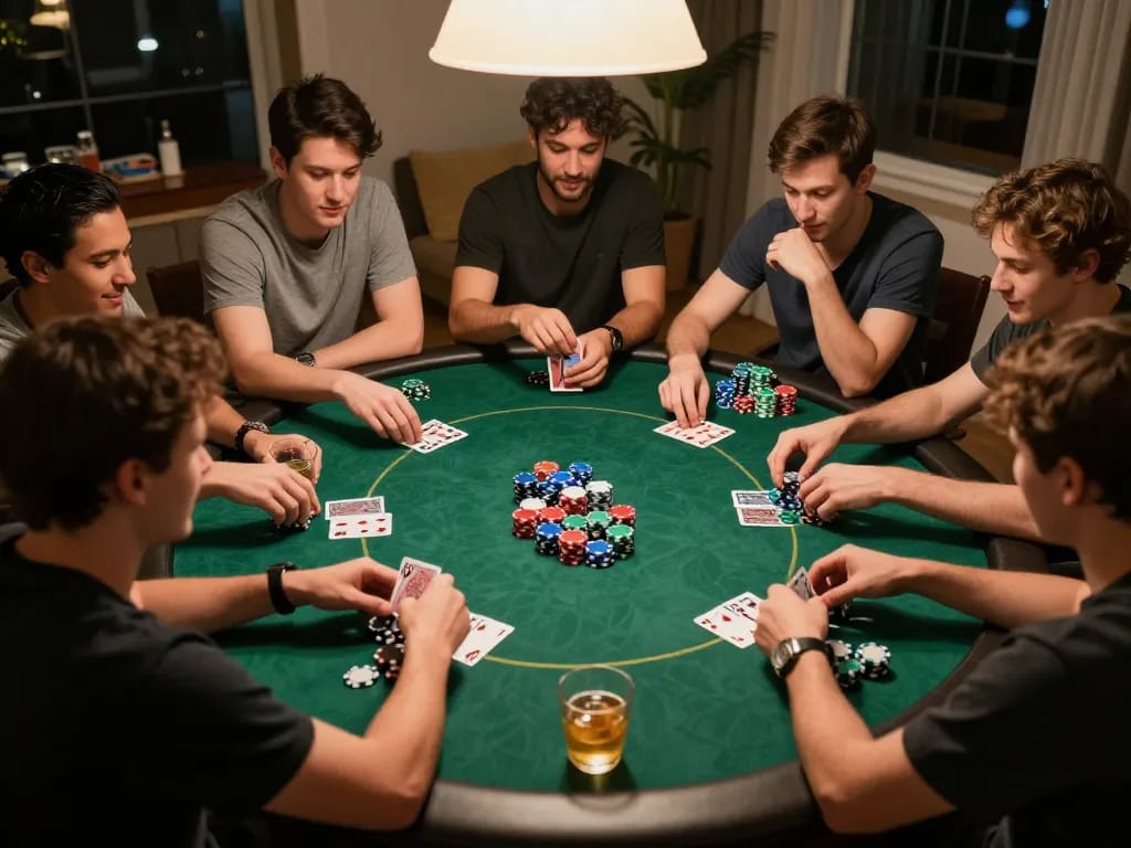 Engaged players enjoying a Go8 poker night with cards and chips visible, creating a lively gaming atmosphere.