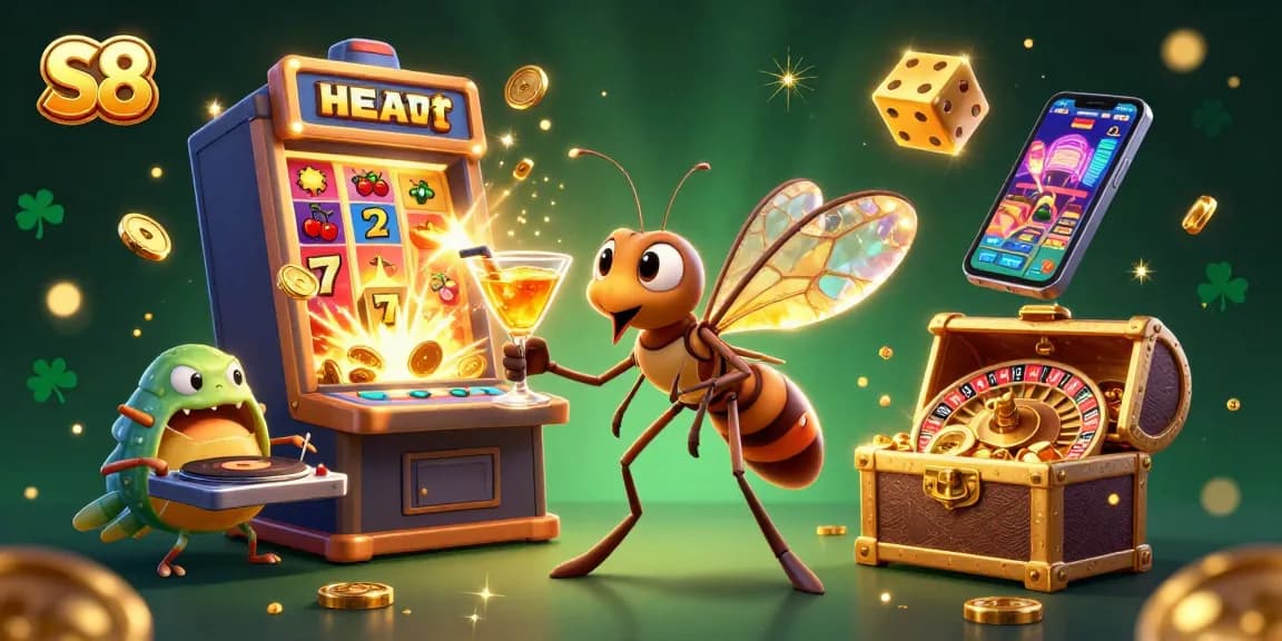 Experience the exhilarating casino world of S8 featuring vibrant gaming elements and rich colorful illustrations.