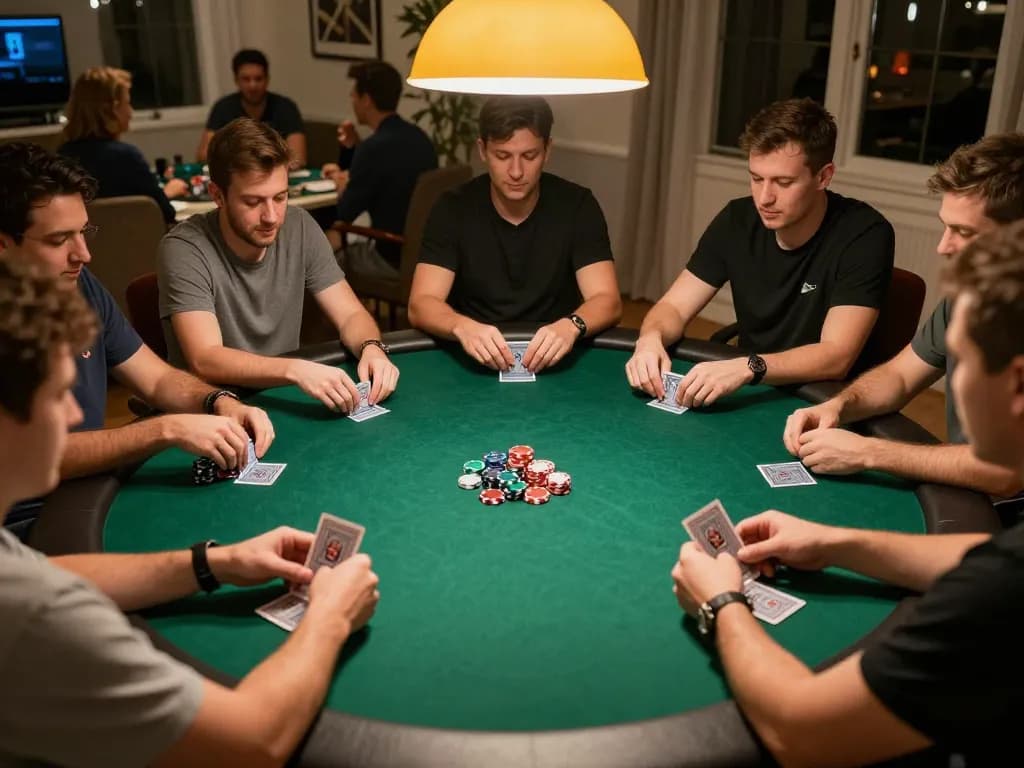 Players engage in a strategic poker game during a home night with ALO8 atmosphere, authentic social scene.