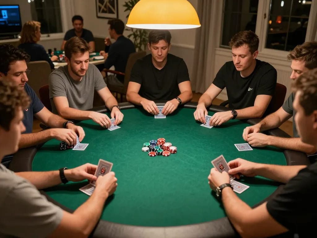 Players engage in a strategic poker game during a home night with ALO8 atmosphere, authentic social scene.