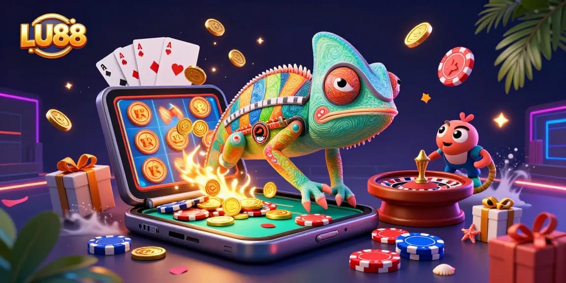 Experience LU88's vibrant casino scene featuring a colorful chameleon owner and engaging game elements.