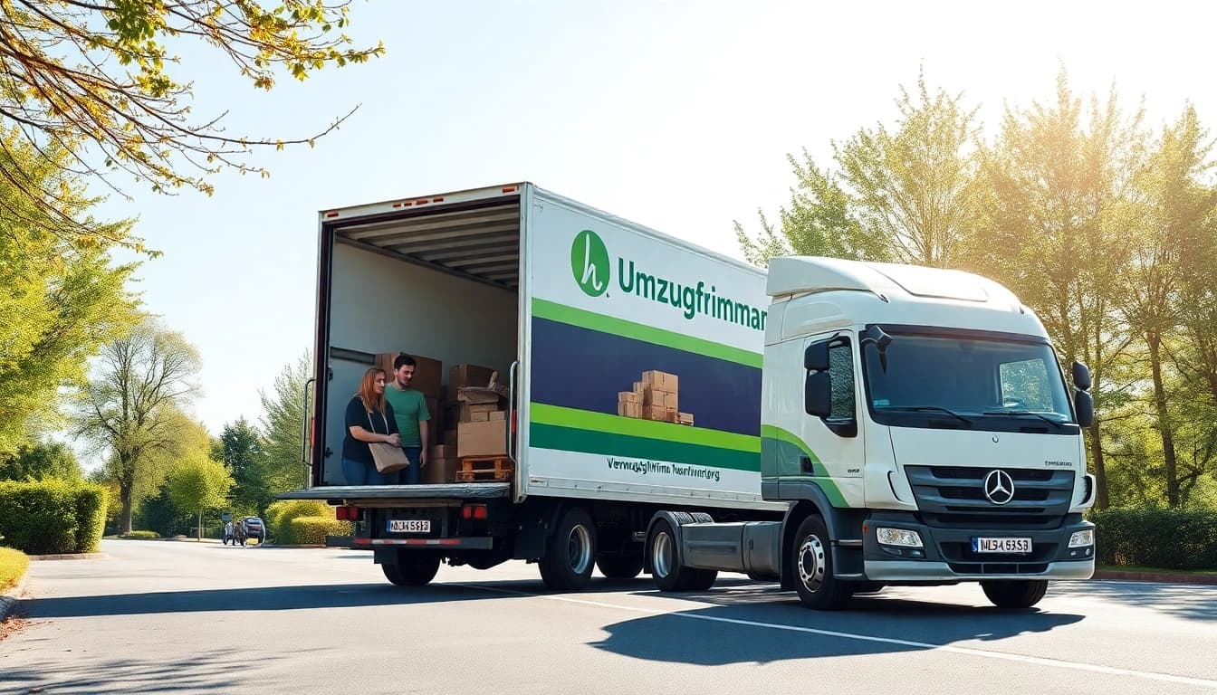 Vrolijke verhuizers van Umzugsfirma Nürnberg laden professioneel dozen in een moderne verhuiswagen.