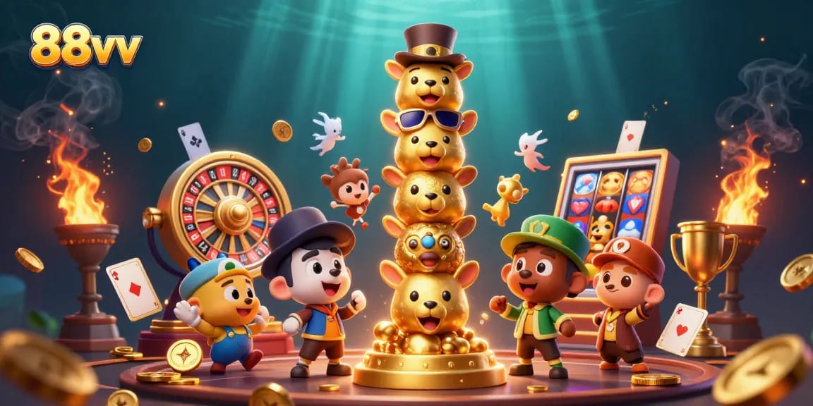 Experience exciting gameplay with 88vv in this vibrant casino-themed illustration featuring dynamic elements.