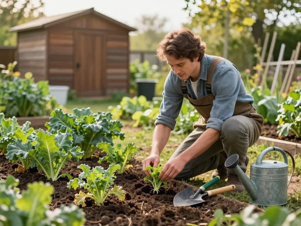 Gardener planting spargel pflanzen kaufen in rich soil during sunny afternoon.