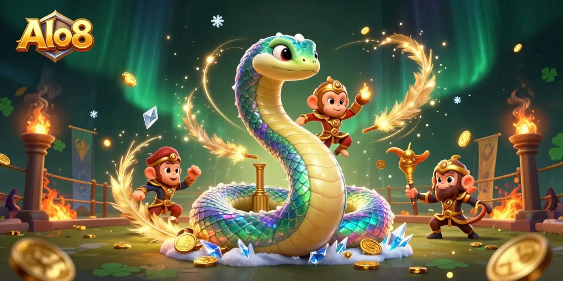 Alo8 showcases exhilarating features with a colorful serpent coiled around casino symbols in a vibrant scene.