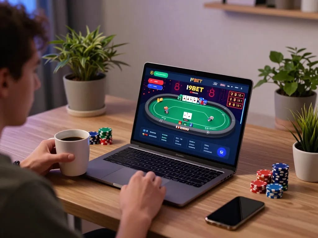 I9BET player engaging with online poker game, showcasing a vibrant home gaming setup