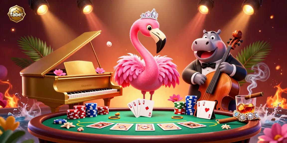 Experience fabet's vibrant casino atmosphere with a detailed 3D scene featuring poker elements and lively characters.