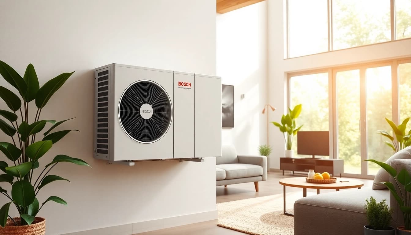 Die wärmepumpe bosch in einem modernen Wohnraum zeigt stilvolles Design und Effizienz.