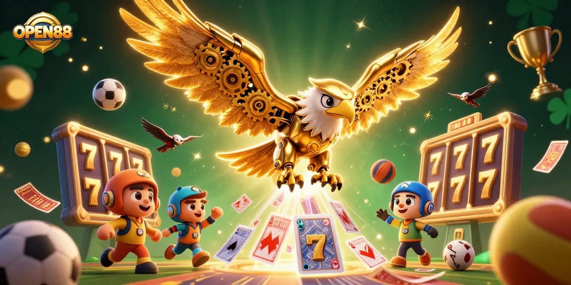 Experience winning strategies with OPEN88 featuring an eagle and vibrant casino elements.